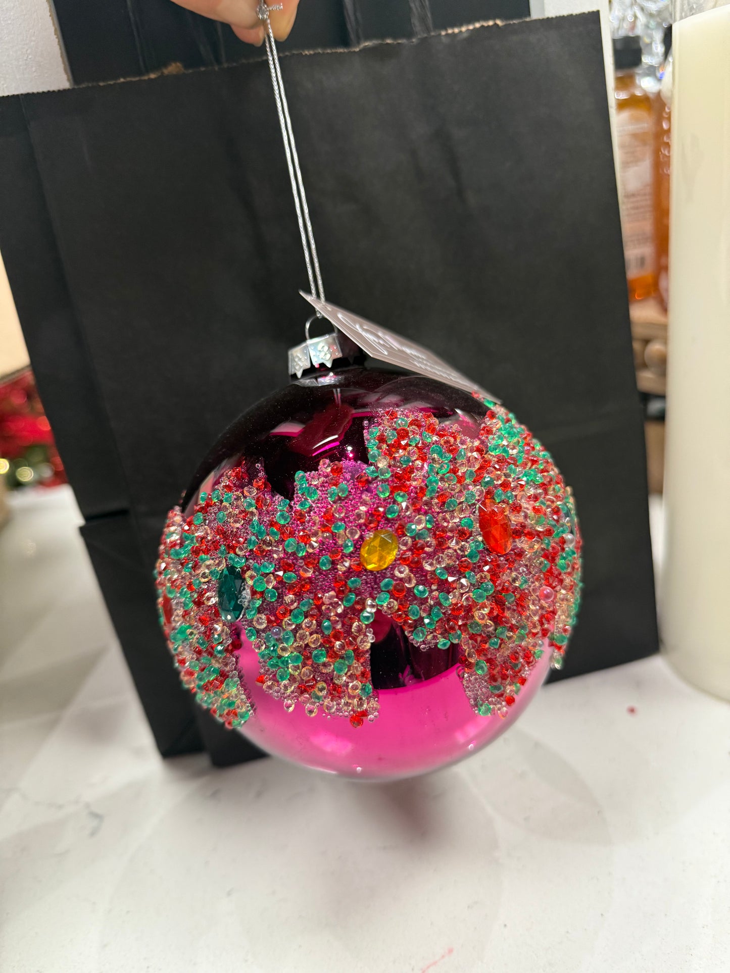 120mm Shiny Beaded Hot Pink Ornament - glass