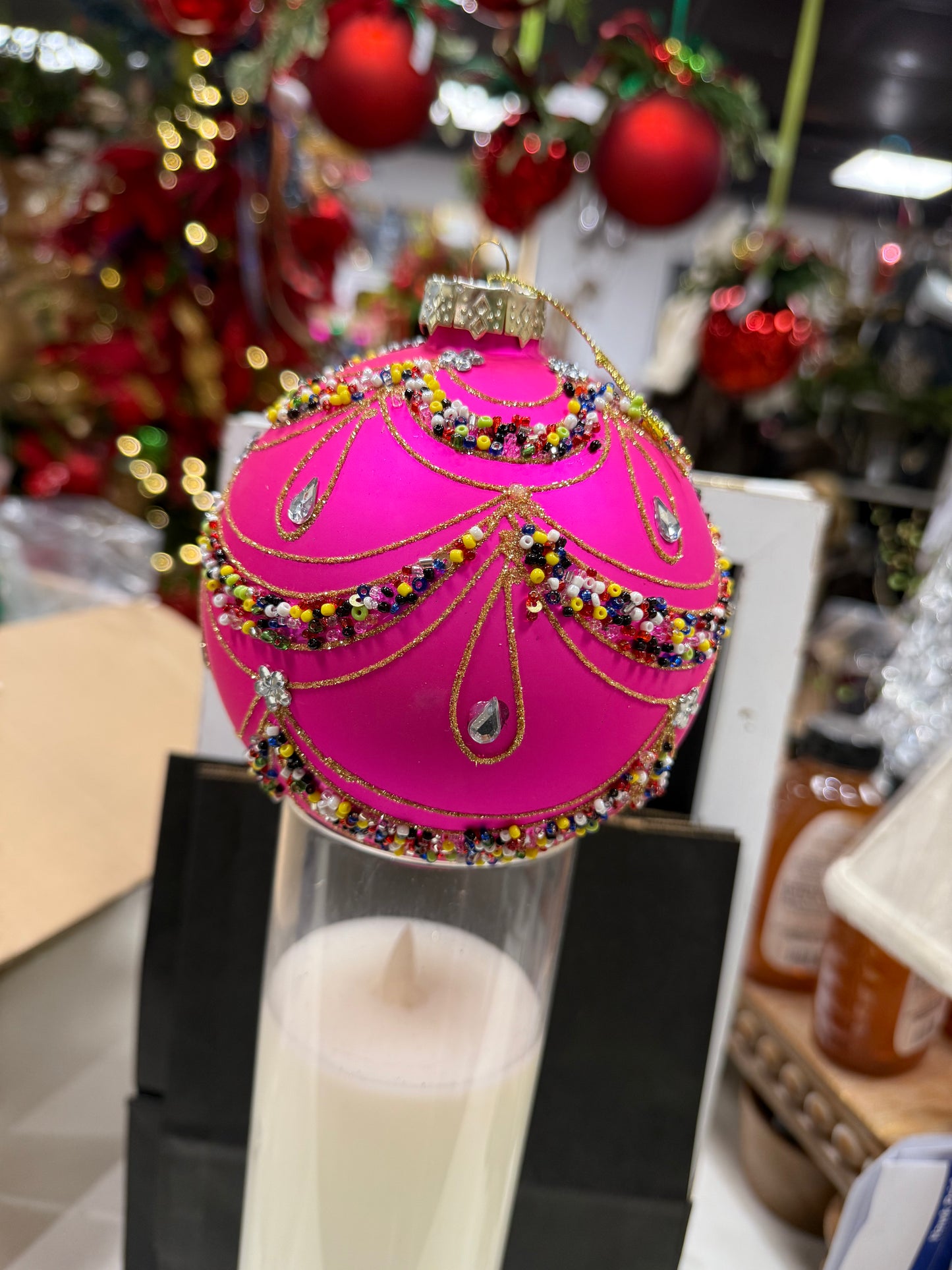 120mm Beaded Hot Pink Ornament - glass