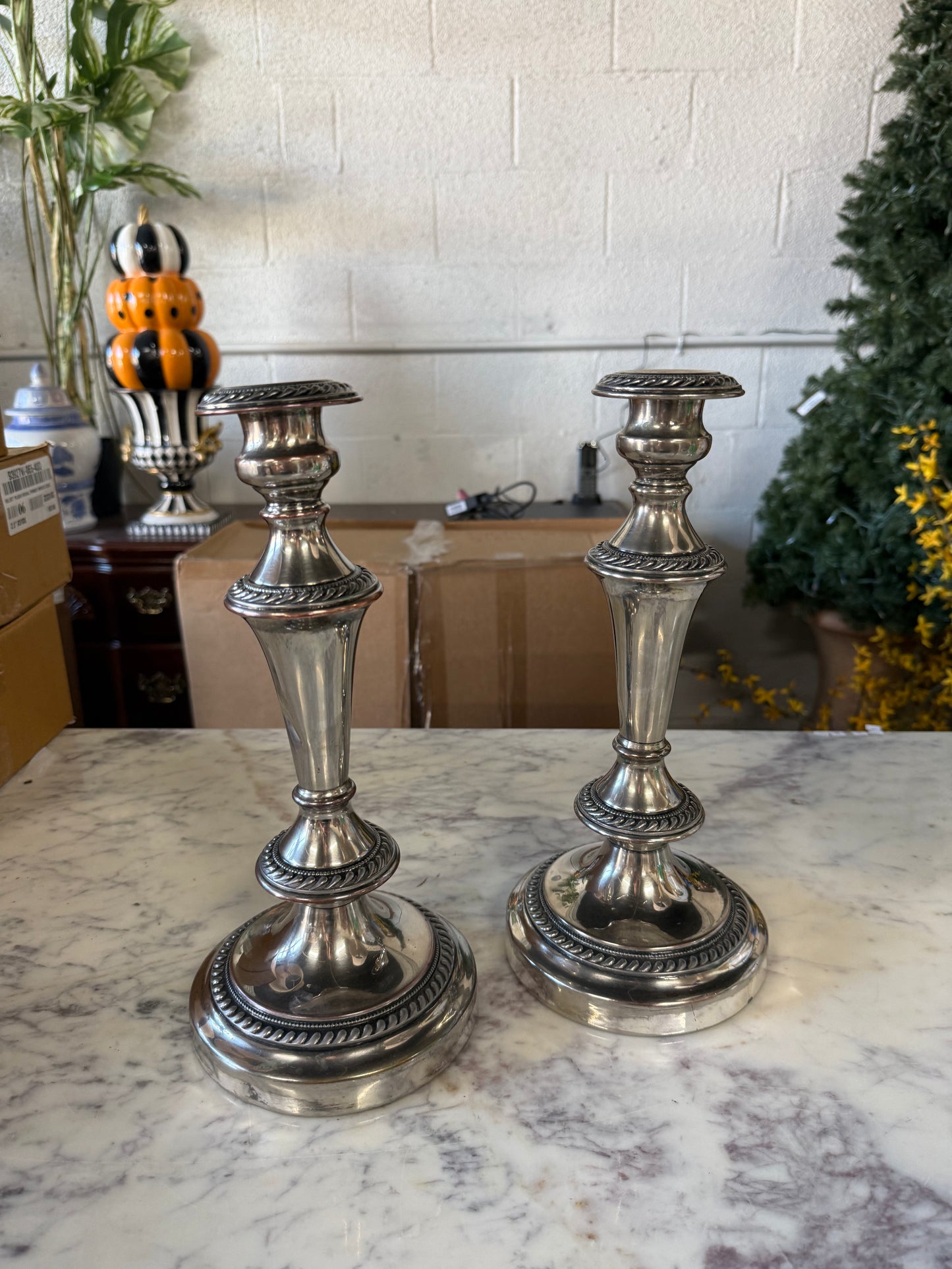Vintage Silver Plated & Copper Candlestick Set (dents pictured)