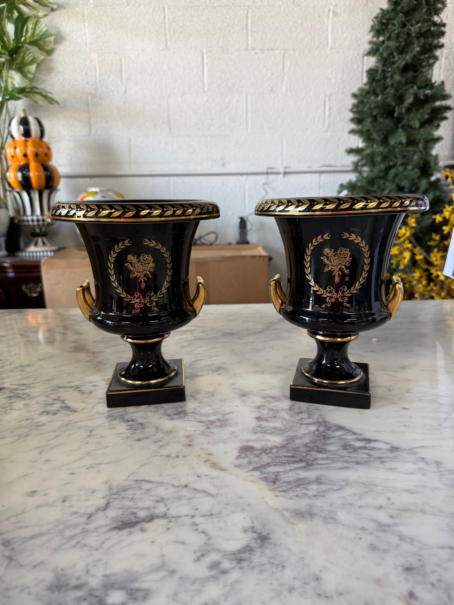 Set of Black Urns w/ Gold Detailings
