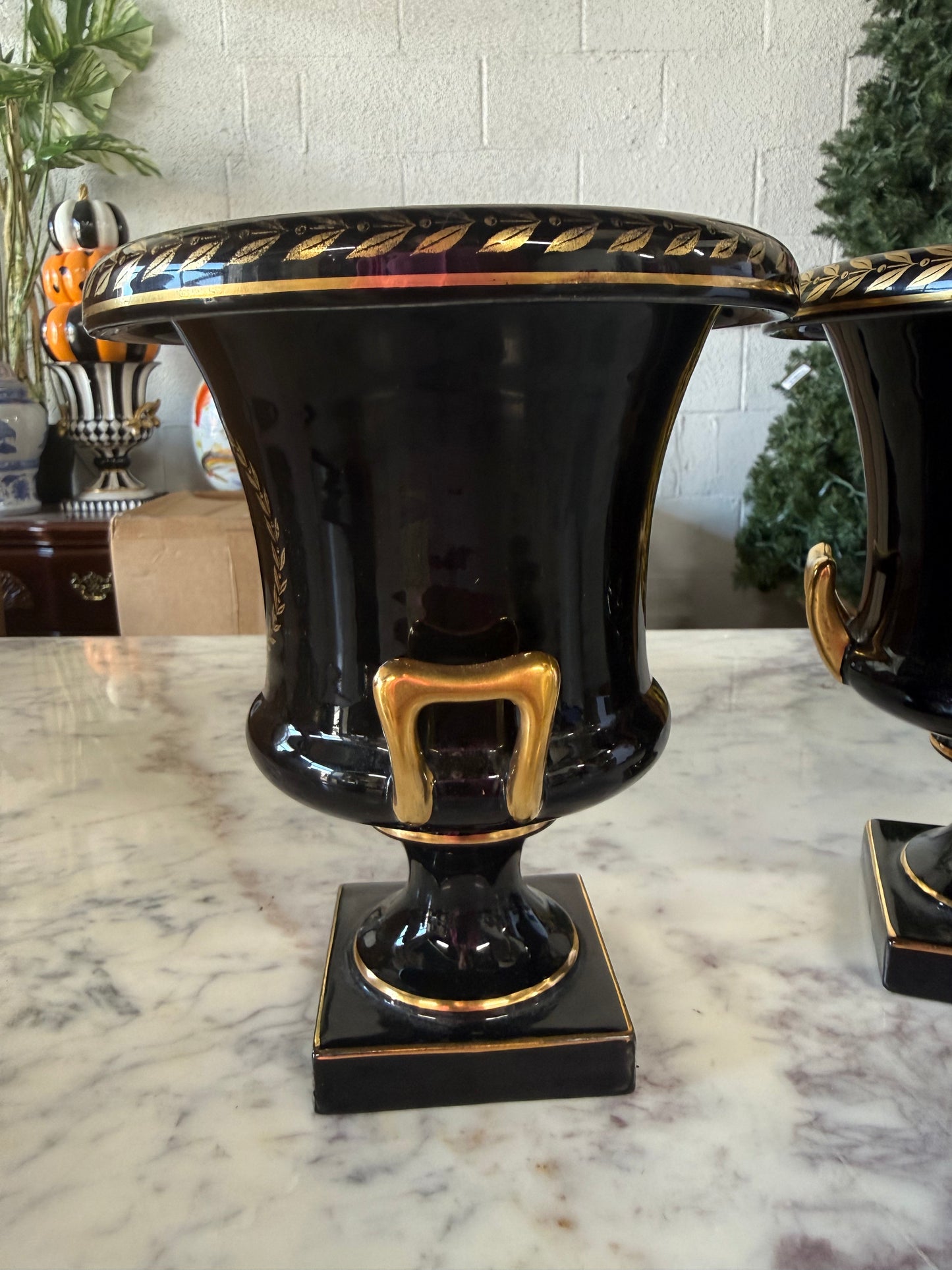 Set of Black Urns w/ Gold Detailings