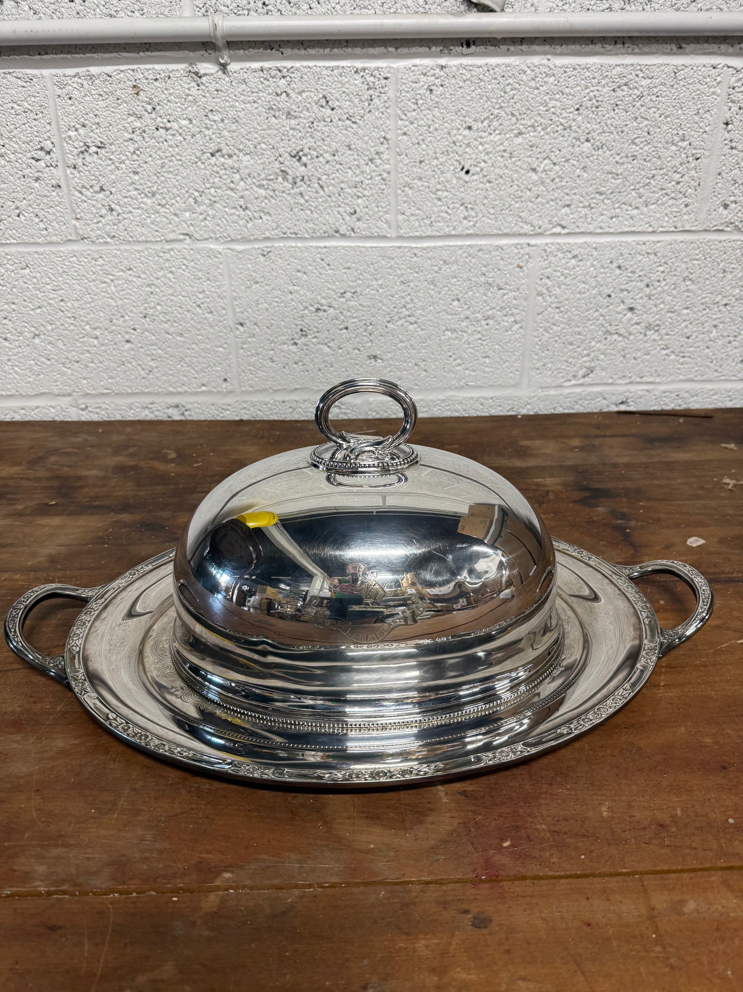 Vintage Silver Plated Engraved Meat Dome w/ Platter