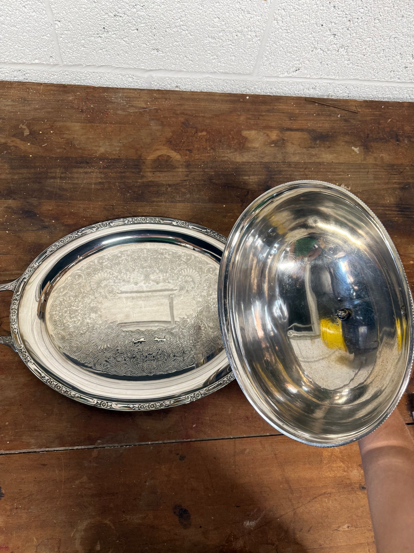 Vintage Silver Plated Engraved Meat Dome w/ Platter