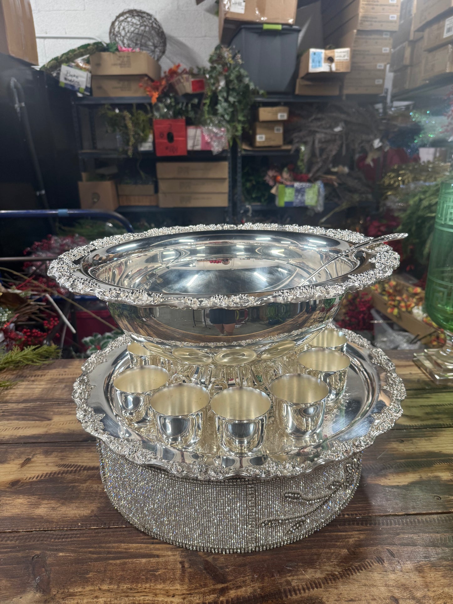 Vintage Silver Plated Intricate Grape Detailing Punch Bowl Set