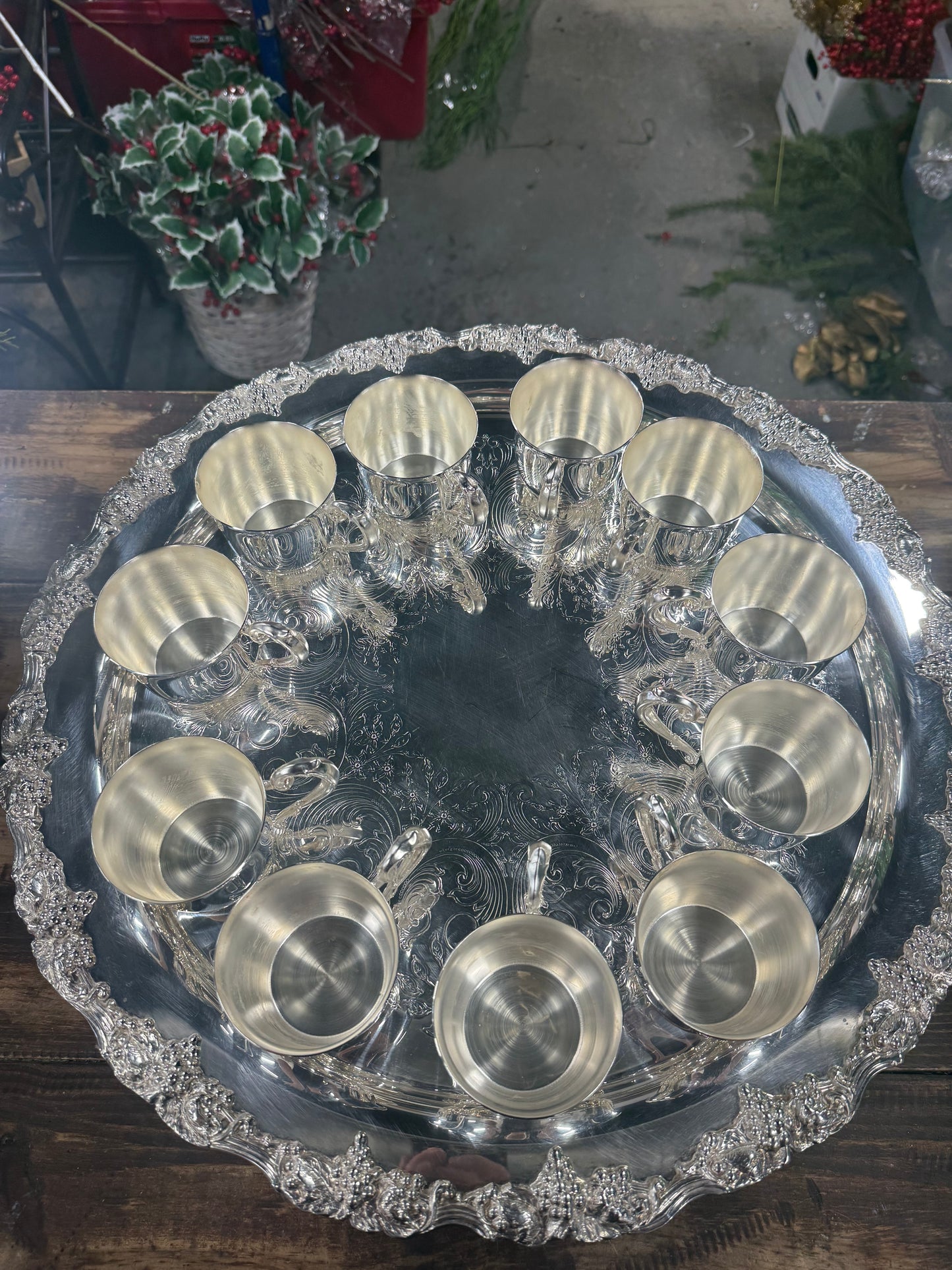 Vintage Silver Plated Intricate Grape Detailing Punch Bowl Set
