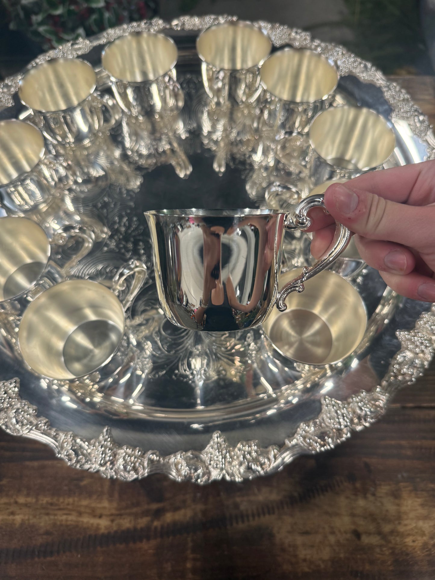 Vintage Silver Plated Intricate Grape Detailing Punch Bowl Set