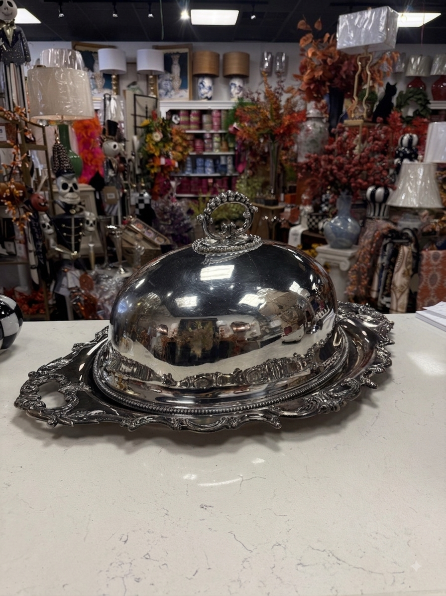 Antique silver plated serving platter and dome