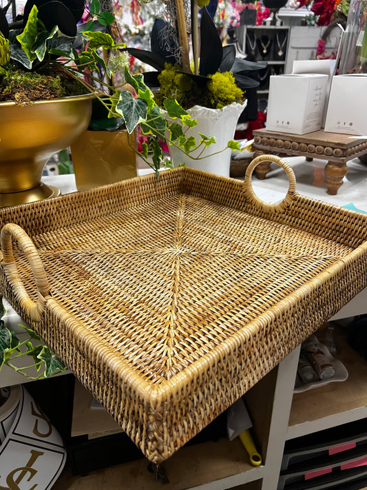 Hand Woven Wicker Rattan Large Square Tray