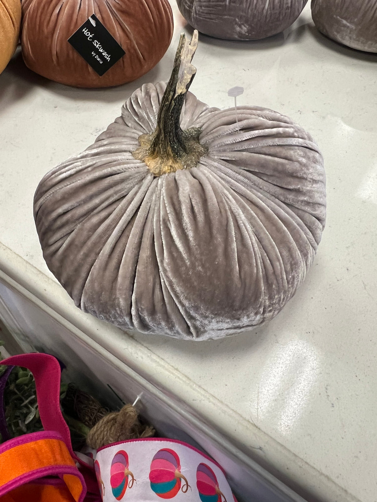7 in DIA Grayish Lavender Velvet Weighted Pumpkin with Real Pumpkin Stalk (each stalk will very in size and shape)