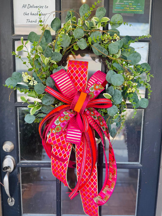 Twiggy Mixed Greenery Wreath with Pink and Orange Designer Bow