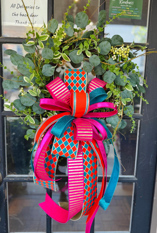 Twiggy Mixed Greenery Wreath with Pink and Blue Designer Bow
