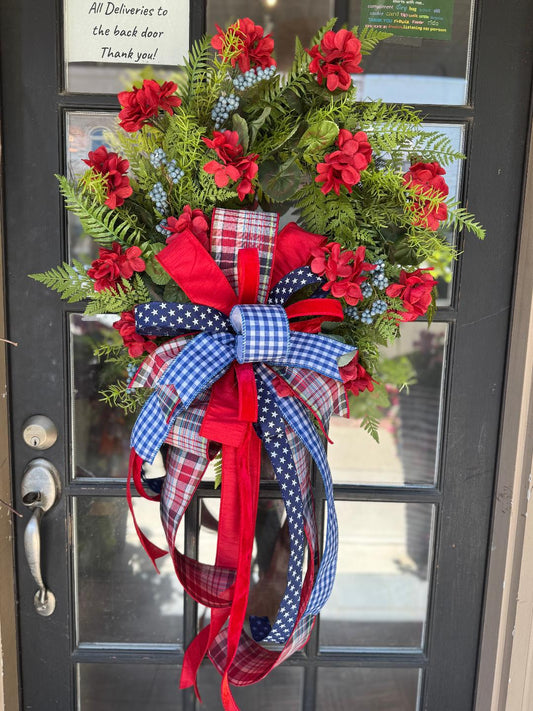 Ferny Red Geranium Patriotic Wreath with Designer Bow